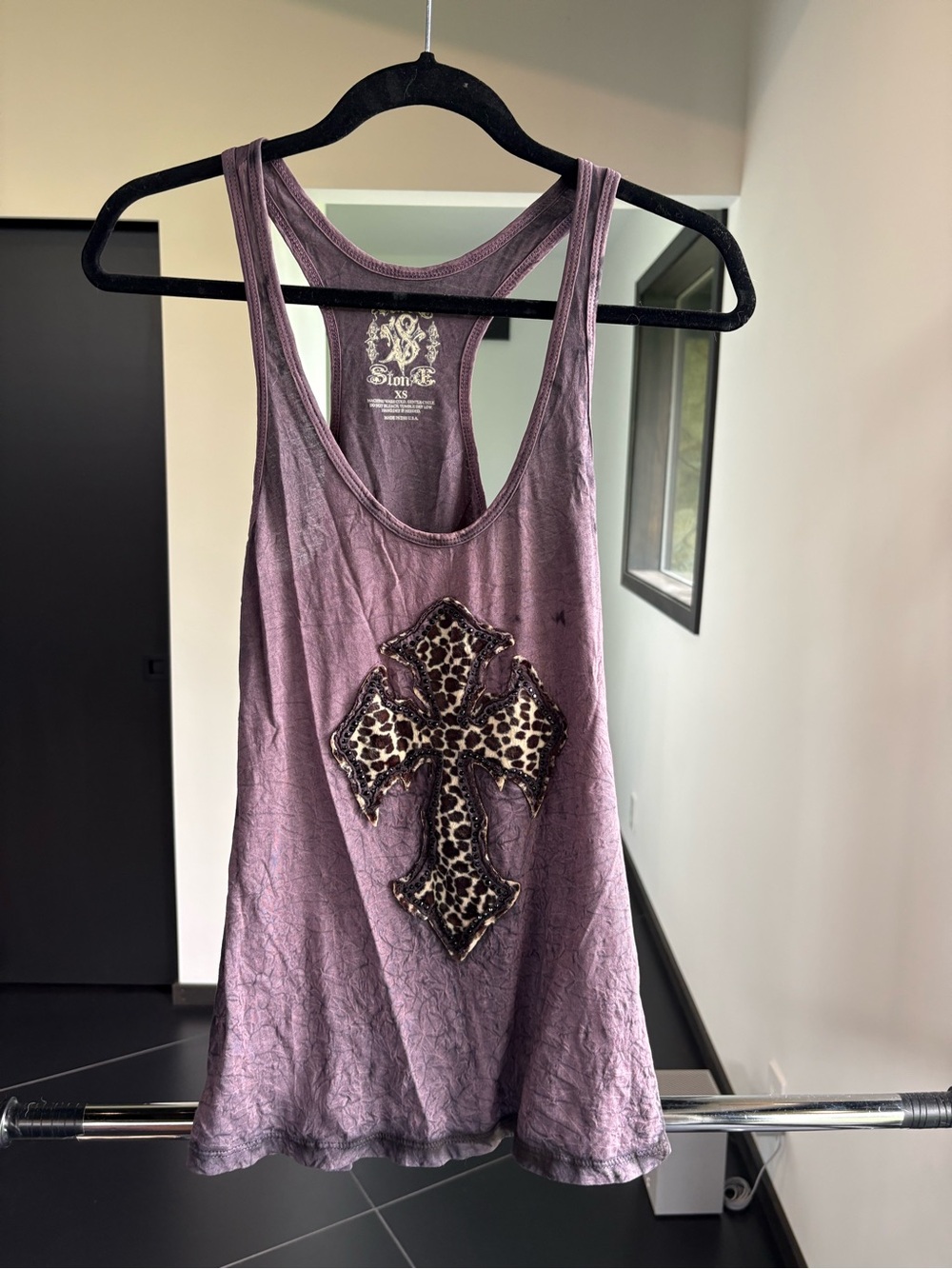 Velvet Stone Mauve Racerback Tank with Leopard Cross Detail